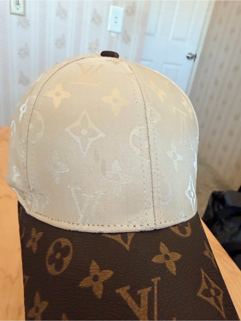 Designer Inspired Two-Tone Monogram Cap - Cream & Brown Unisex OS Adjustable - Picture 4 of 10
